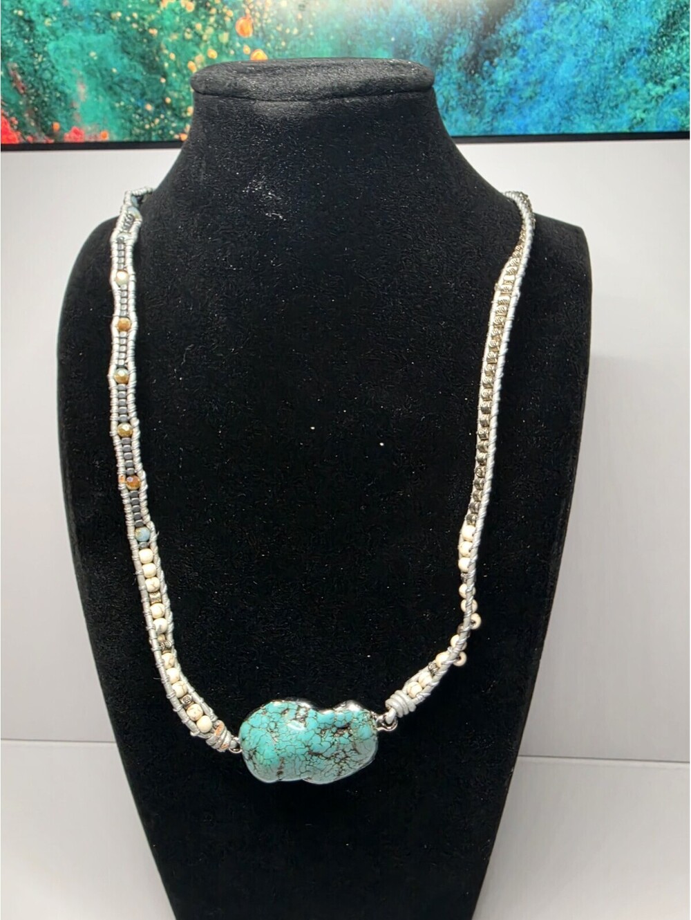 Artisan Leather Wrapped Cord Ladder Necklace Chunky Turquoise Nugget Stone 38"